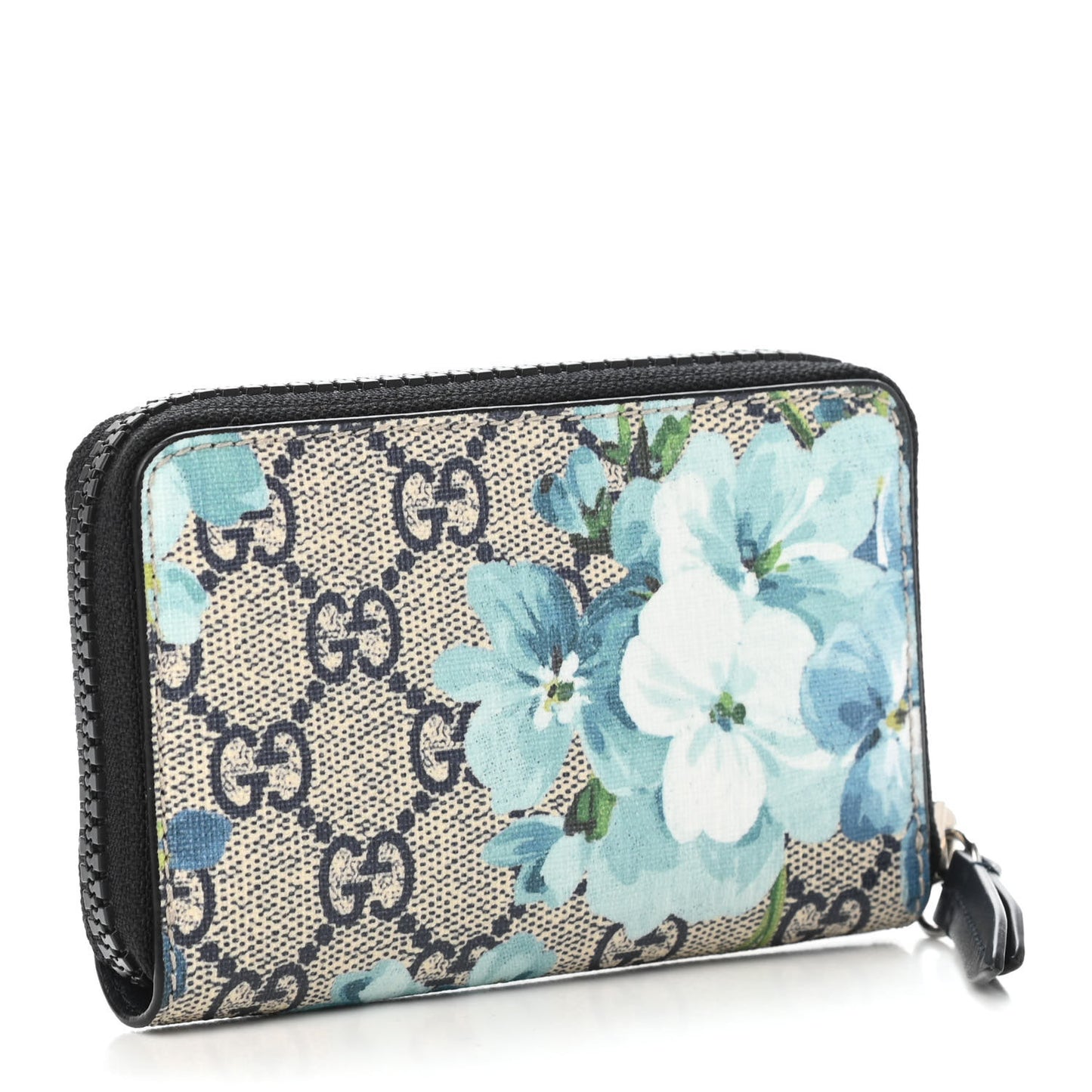 GG Supreme Monogram Blooms Zip Around Card Case Wallet Beige Blue Navy