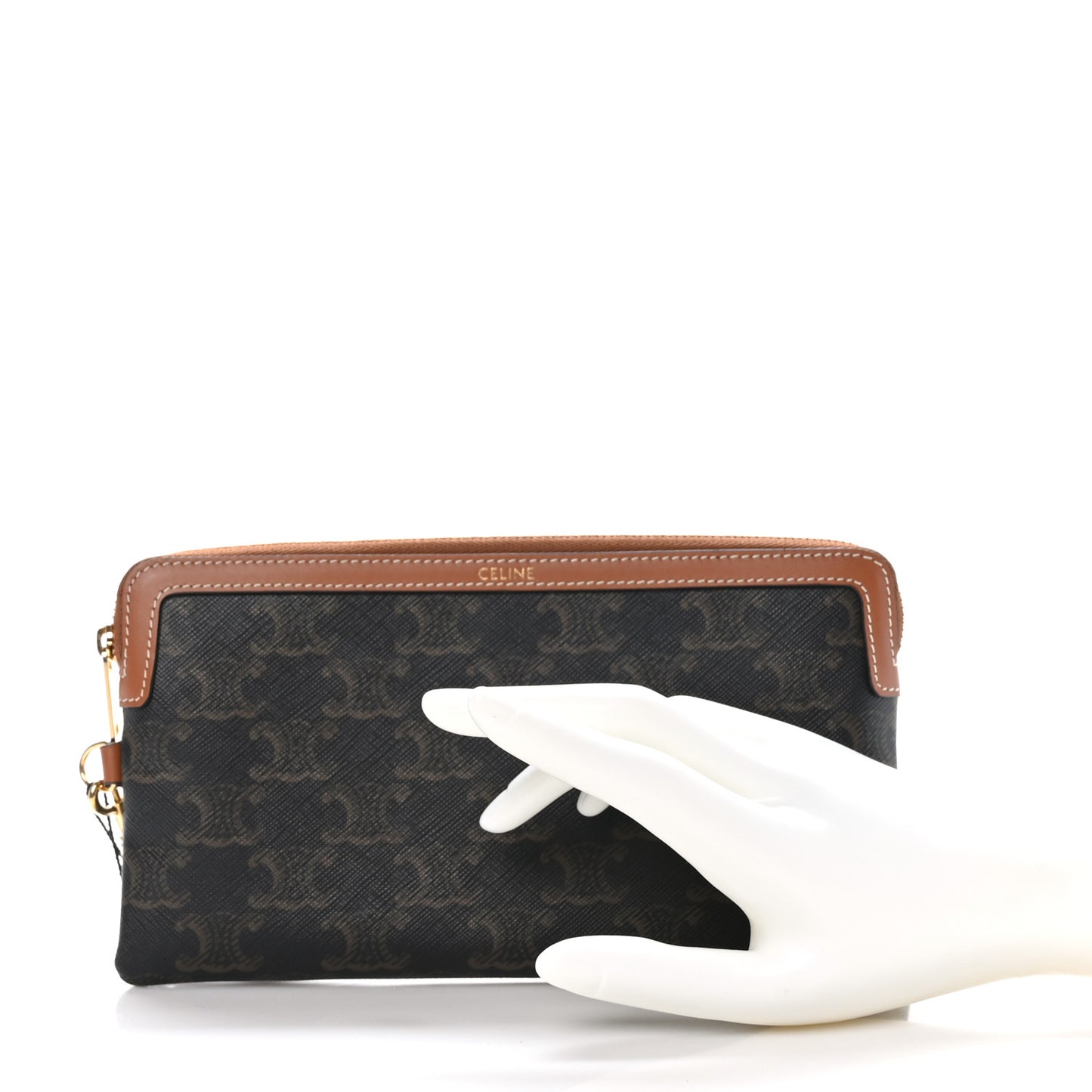 Triomphe Calfskin Long Pouch With Strap Tan