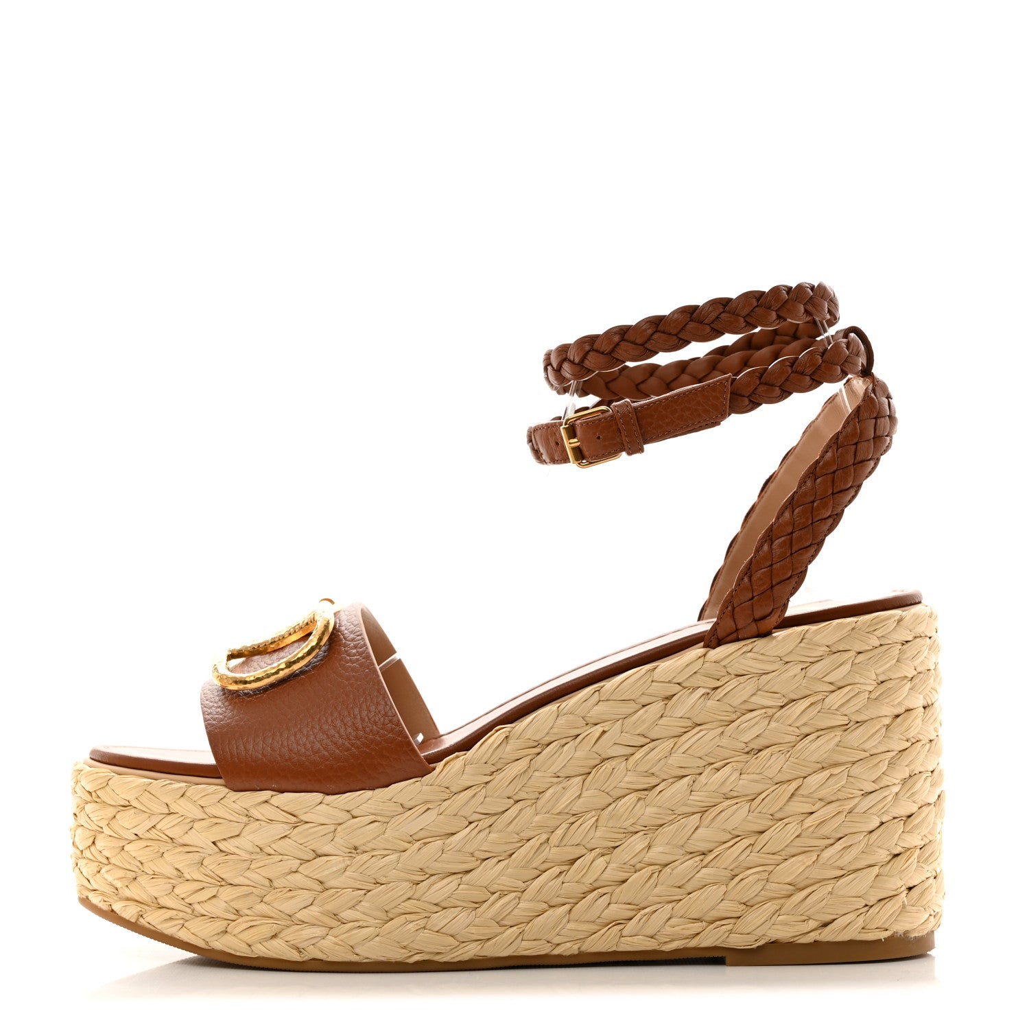 Valentino Garavani Pebbled Calfskin VLogo Ankle Wrap Espadrille 45/90mm Platform Wedge Sandals 41 Saddle Brown 1 of 9