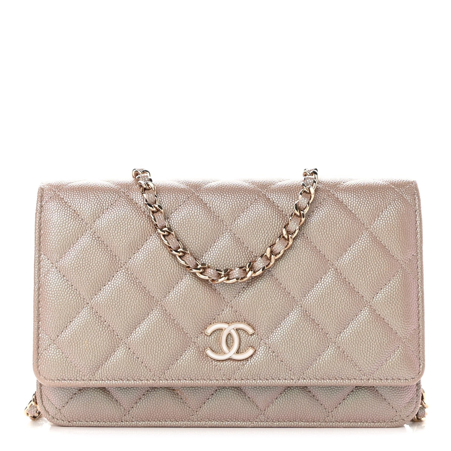 Iridescent Caviar Quilted Wallet On Chain WOC Beige