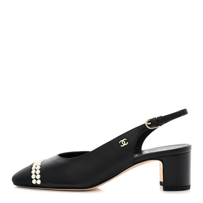 Chanel Lambskin Grosgrain Pearl Cap Toe CC Slingback Pumps 36 Black 1 of 9