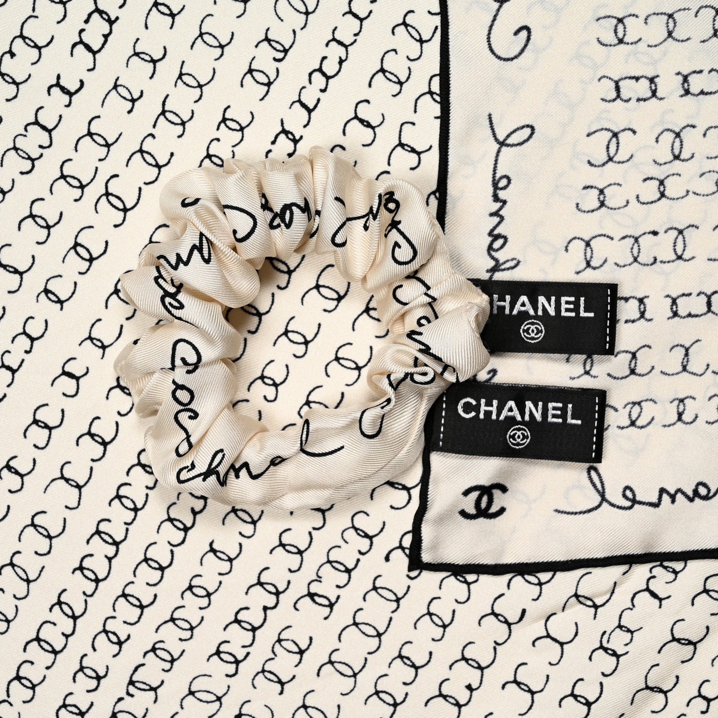 Silk Twill Square Scarf Hair Tie White Black