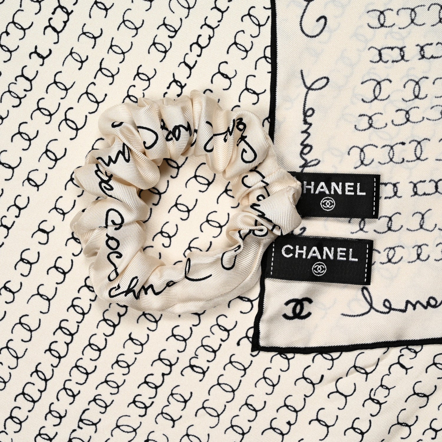 Chanel Silk Twill Square Scarf Hair Tie White Black 6 of 8