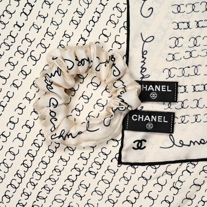 Chanel Silk Twill Square Scarf Hair Tie White Black 6 of 8