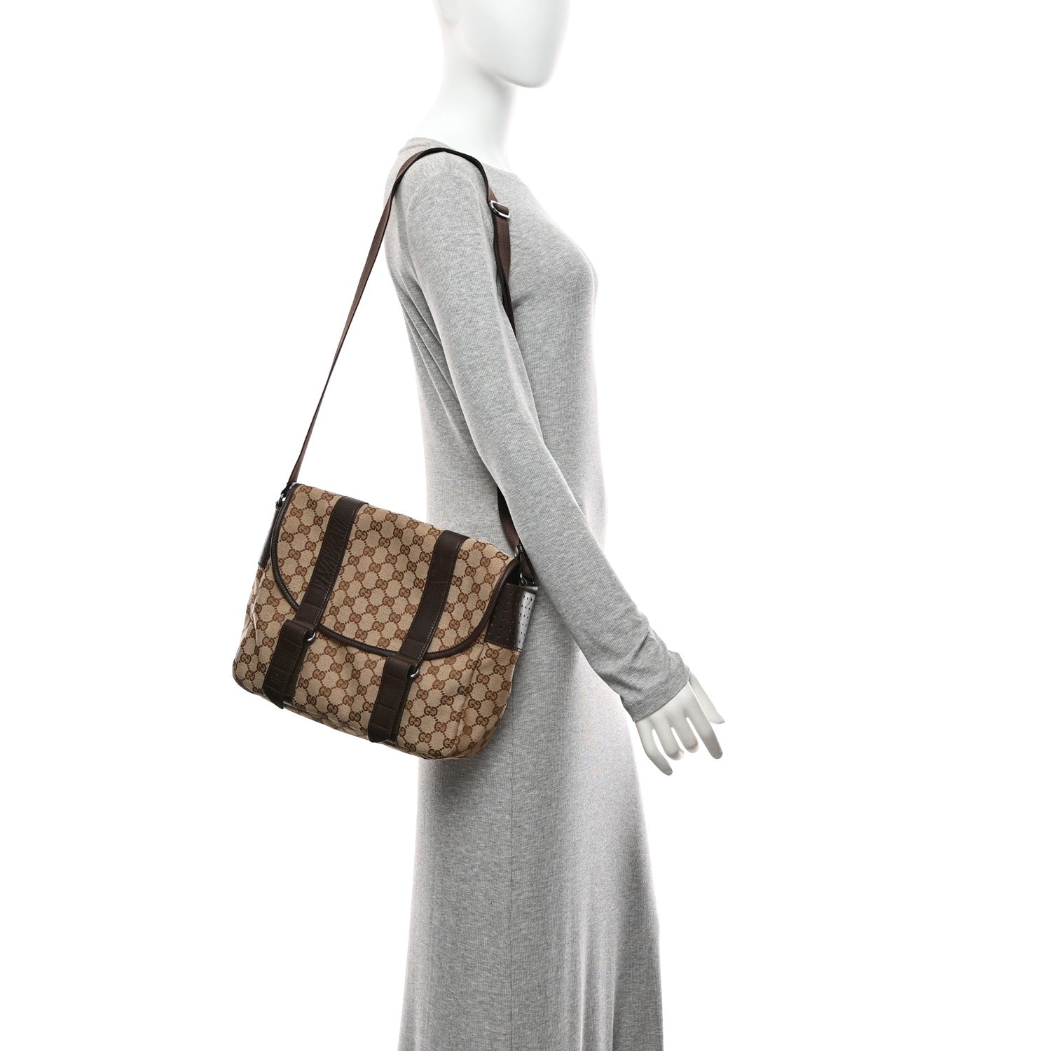 Gucci Monogram Medium Double Buckle Flap Messenger Bag Beige Dark Brown 2 of 14