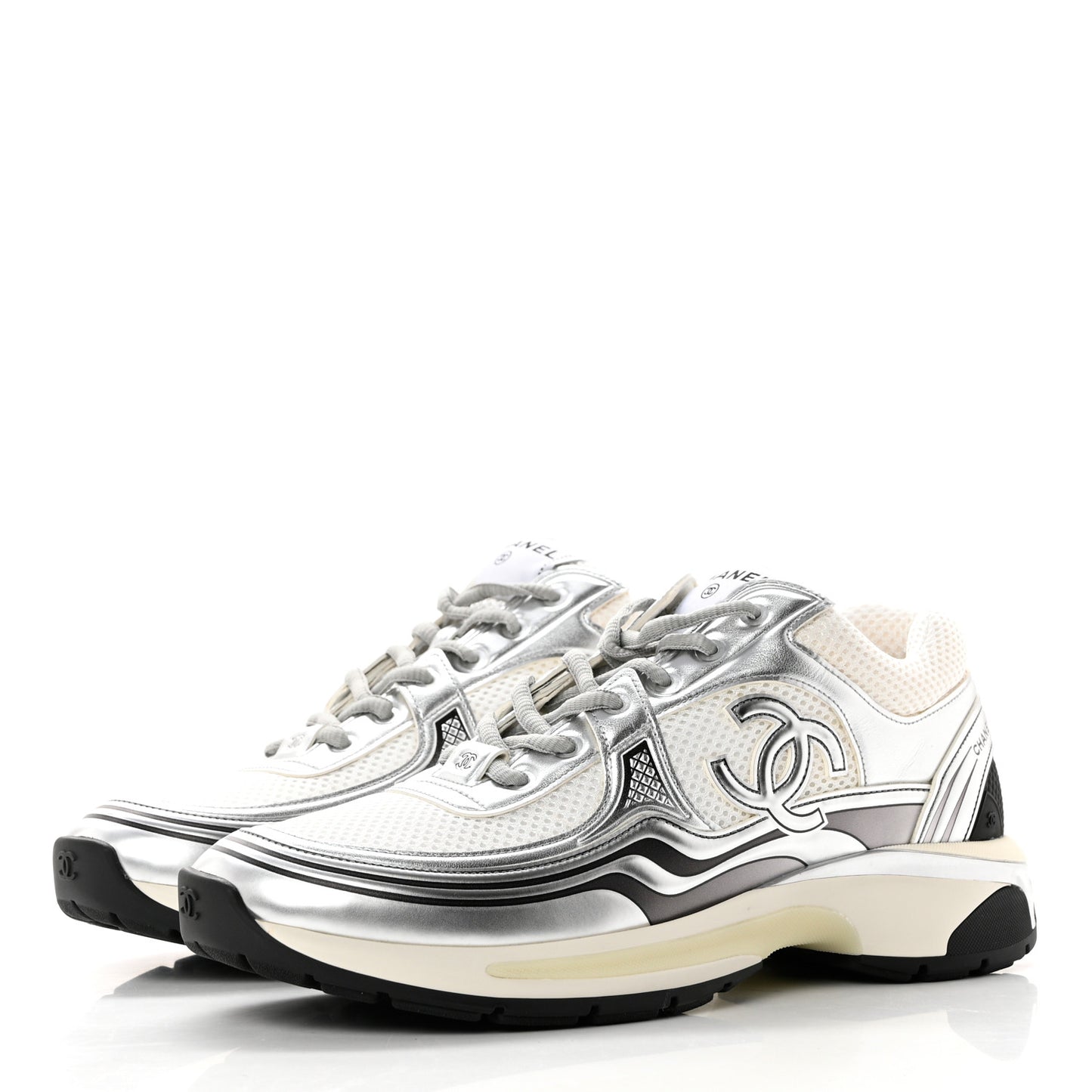 Fabric Laminated Calfskin Stretch CC Sneakers 40.5 White Silver
