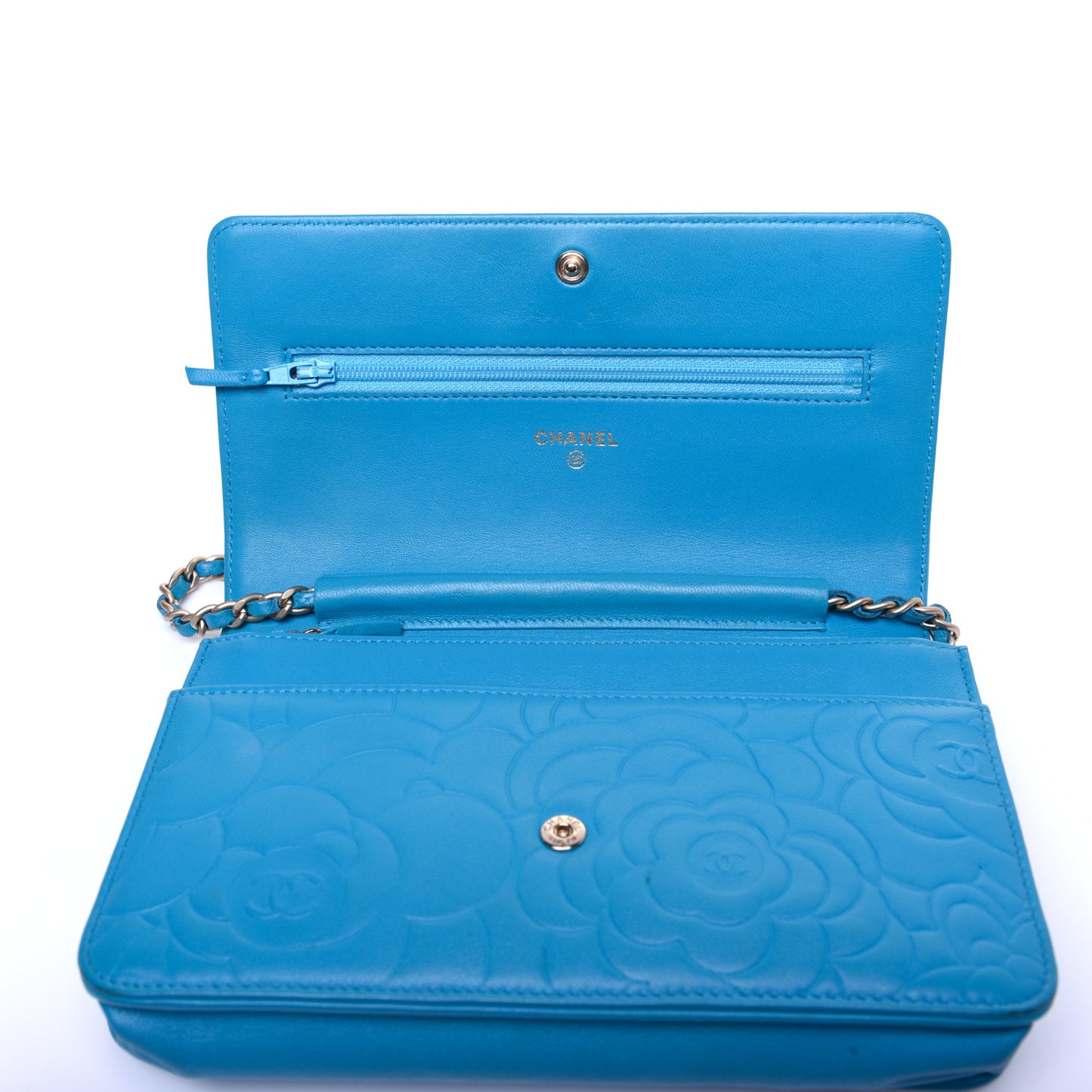 Lambskin Camellia Embossed Wallet On Chain WOC Turquoise