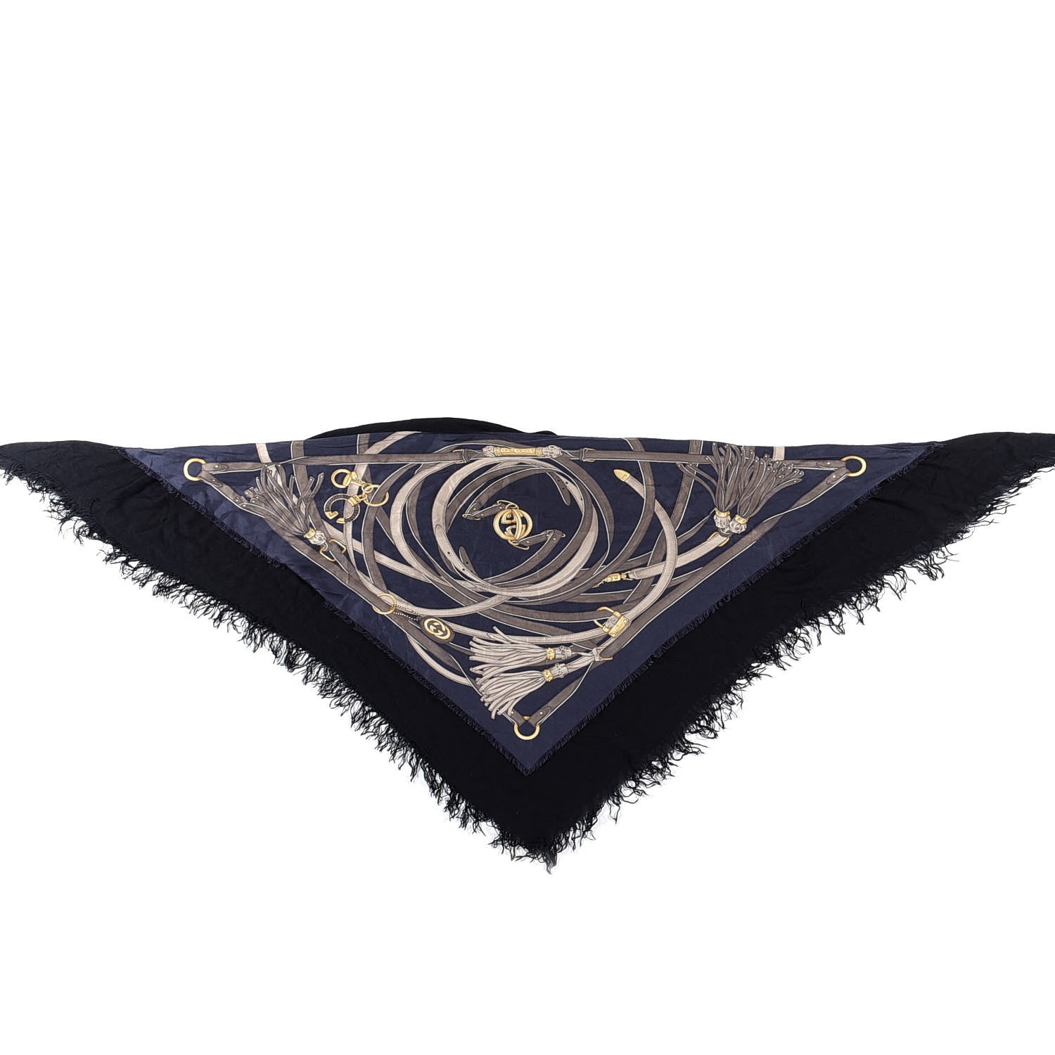 Gucci Modal Cashmere Silk Tassel Print Fringe Shawl Black Navy 1 of 3