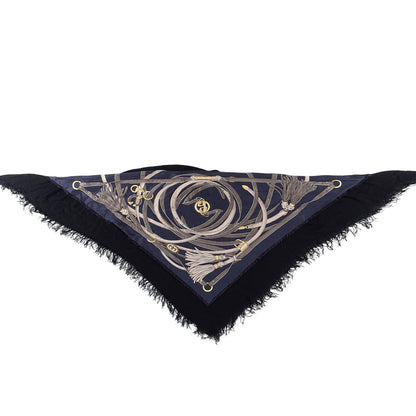 Gucci Modal Cashmere Silk Tassel Print Fringe Shawl Black Navy 1 of 3