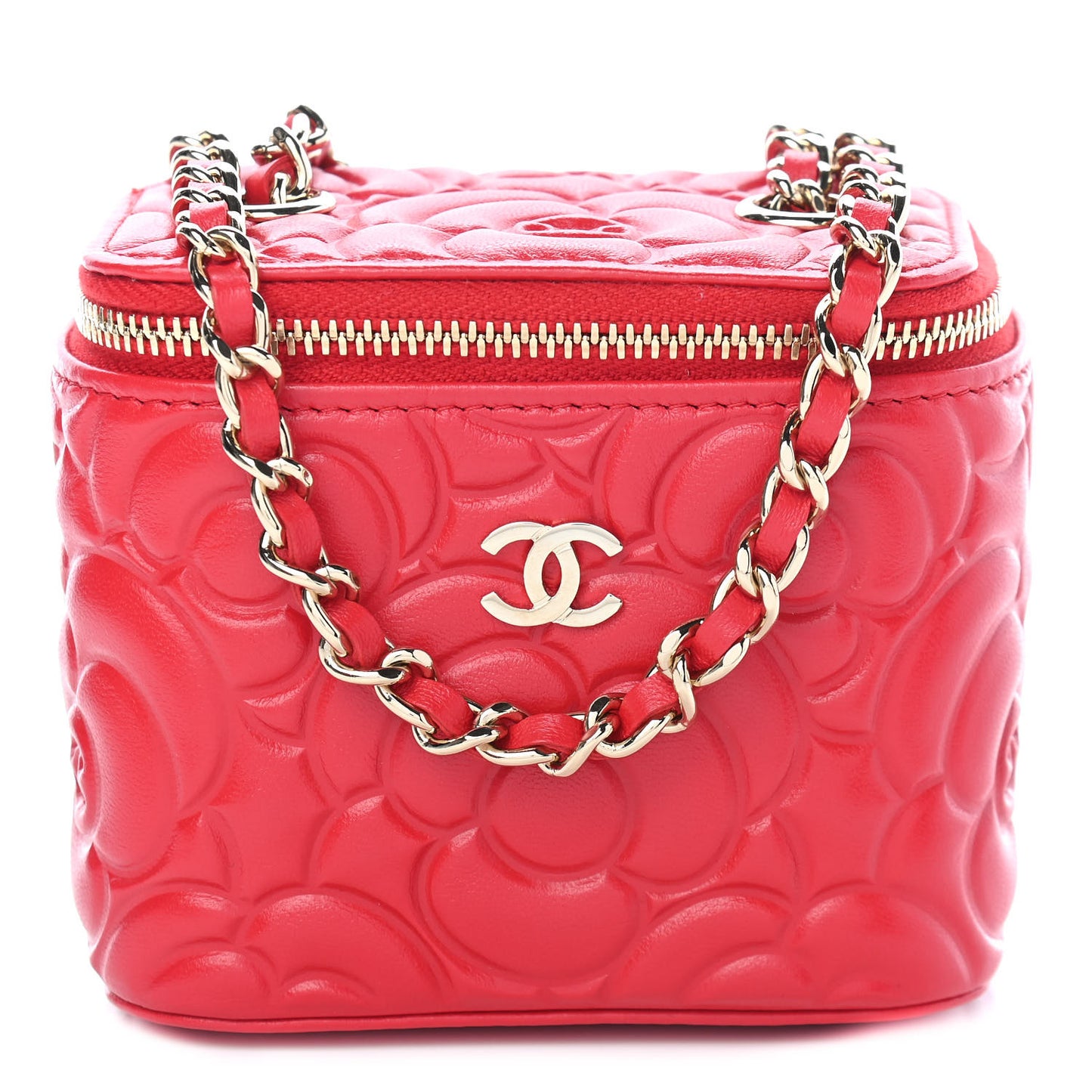 Lambskin Camellia Embossed Mini Vanity Case With Chain Red