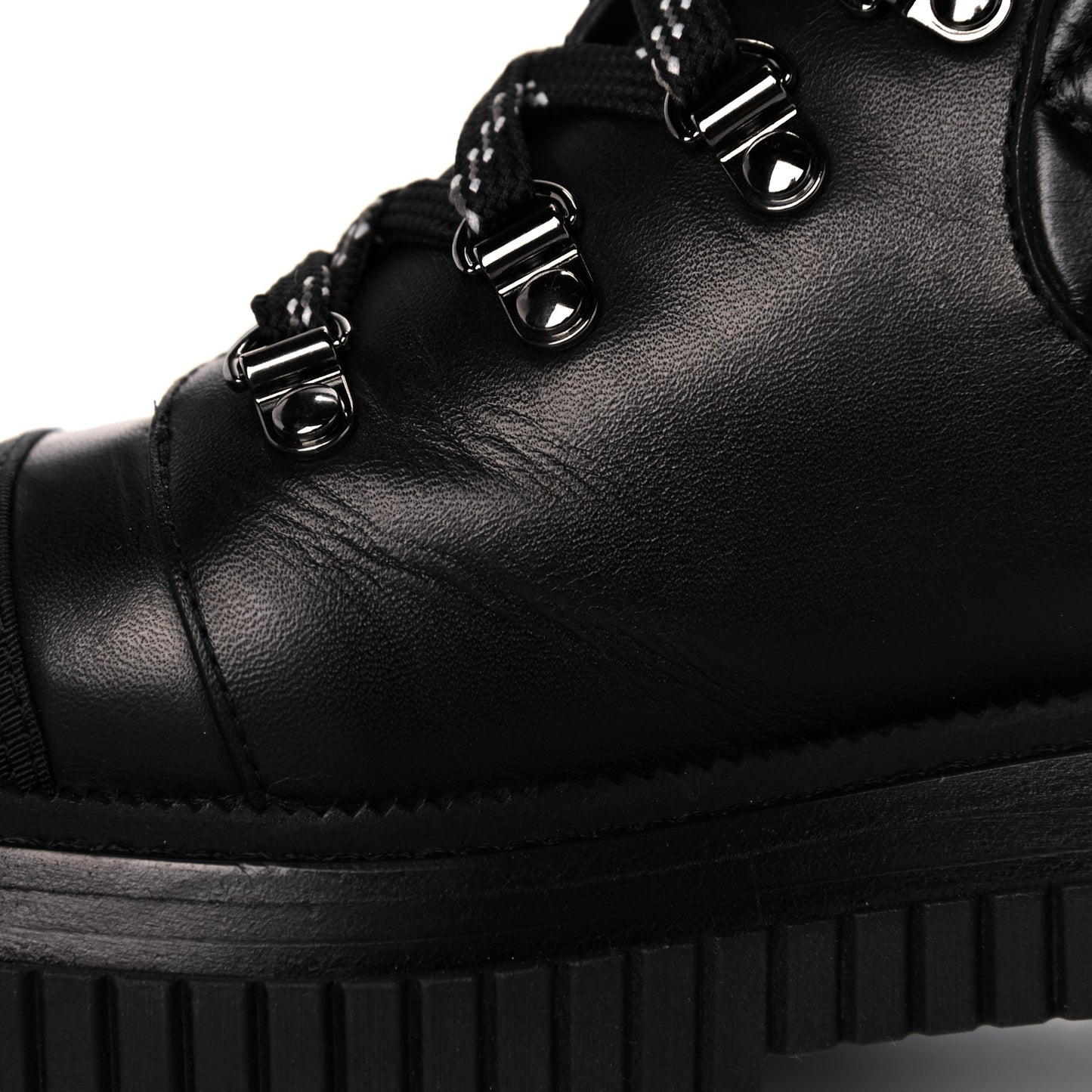 Calfskin Grosgrain Quilted Lace Up Boots 37 Black Grey