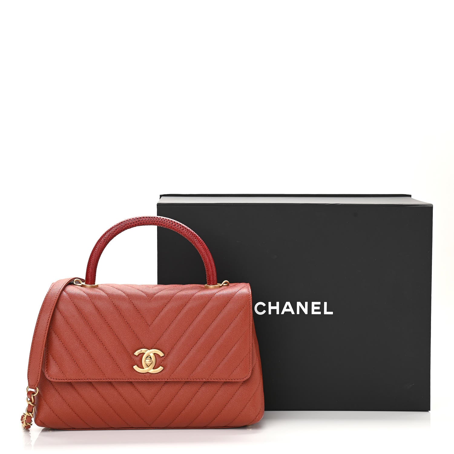 Chanel Caviar Lizard Chevron Quilted Small Coco Handle Flap Dark Orange 11 of 11