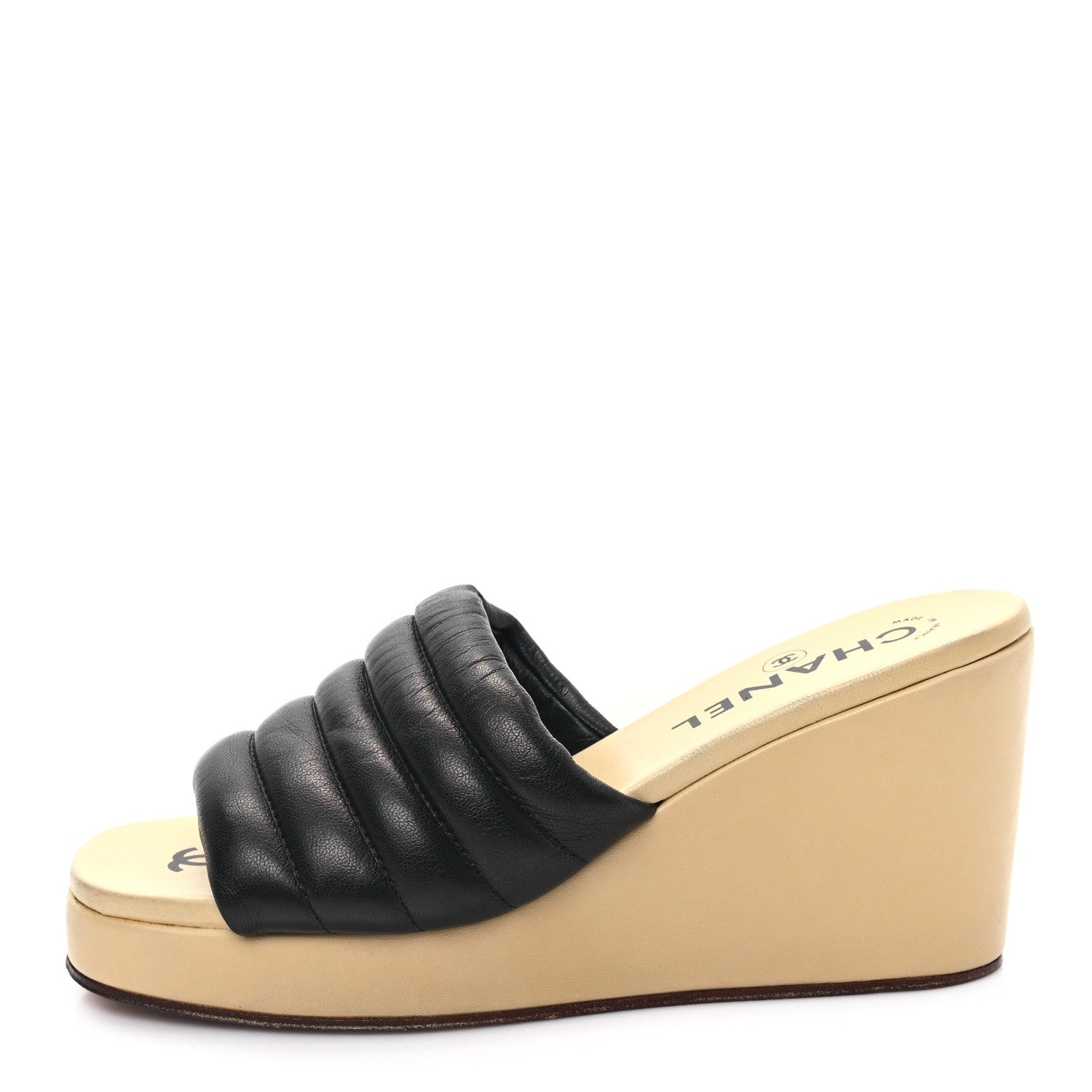 Chanel Lambskin Horizontal Quilted Wedge Sandals 39 Black 1 of 7
