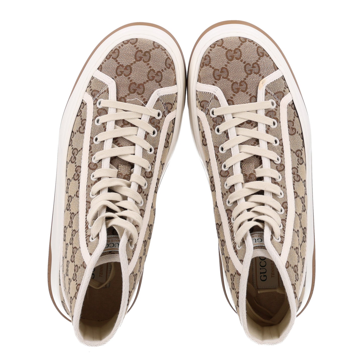 GG Monogram Mens 1977 Tennis High Top Platform 55mm Sneakers 9 Beige Ebony Mystic White