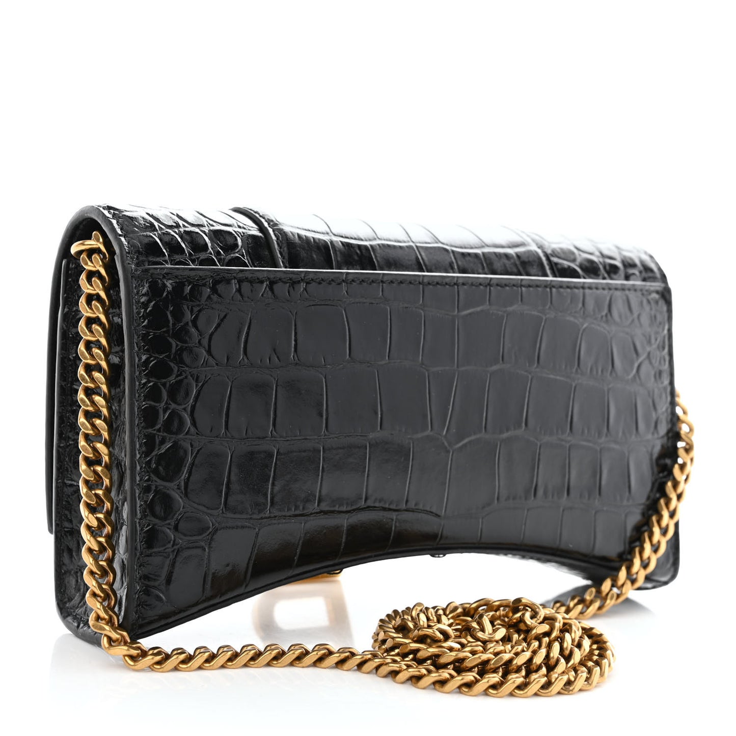 Shiny Calfskin Crocodile Embossed Hourglass Chain Bag Black