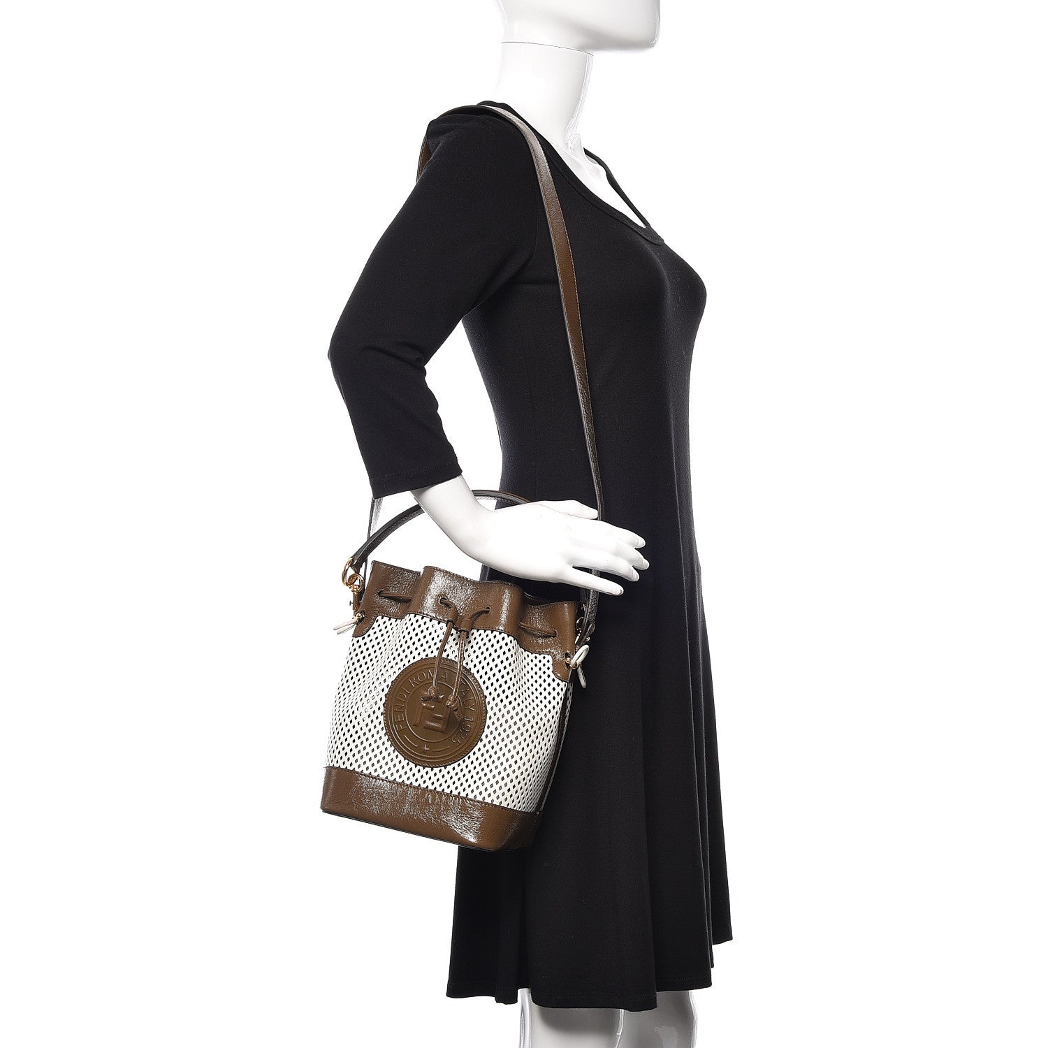 Fendi Vitello Liberty Glossy Lambskin F is Fendi Perforated Large Mon Tresor Bucket Bag White Ice Rust Maya 2 of 8