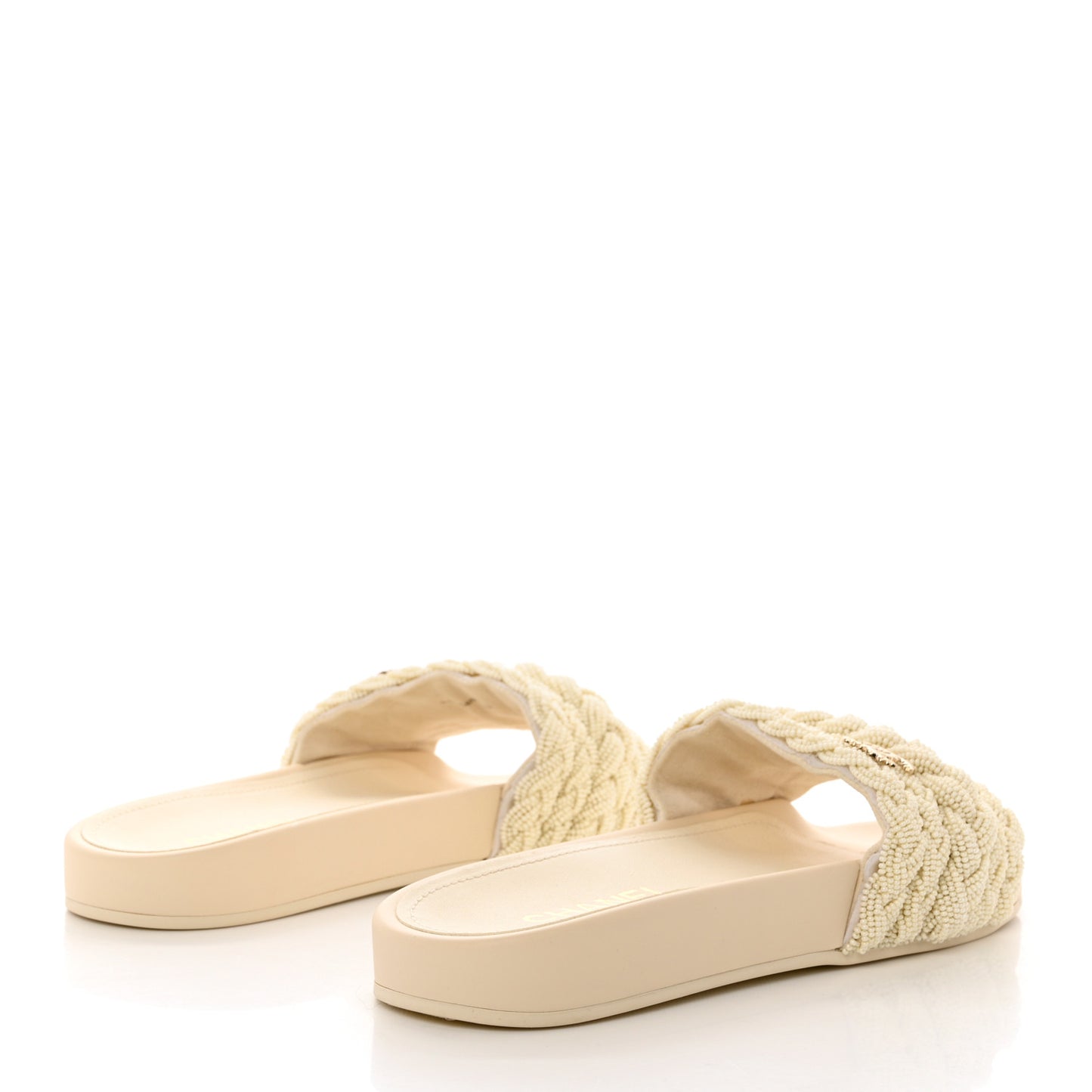 Lambskin Pearl Beaded Woven Slides 39 Beige