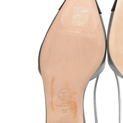 Chanel Metallic Lambskin Cap Toe CC Slingback Flats 37 Black Silver 5 of 5