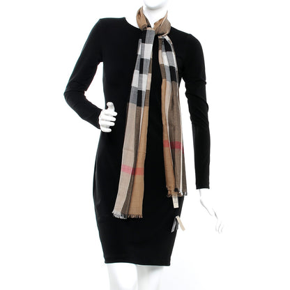 Burberry Wool Silk Gauze Half Mega Check Scarf Camel 2 of 6