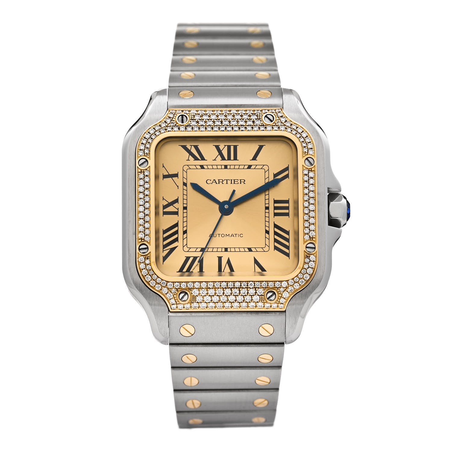 CARTIER Stainless Steel 18K Yellow Gold Diamond Pave Bezel 35mm Santos de Cartier Automatic Watch by FASHIONPHILE