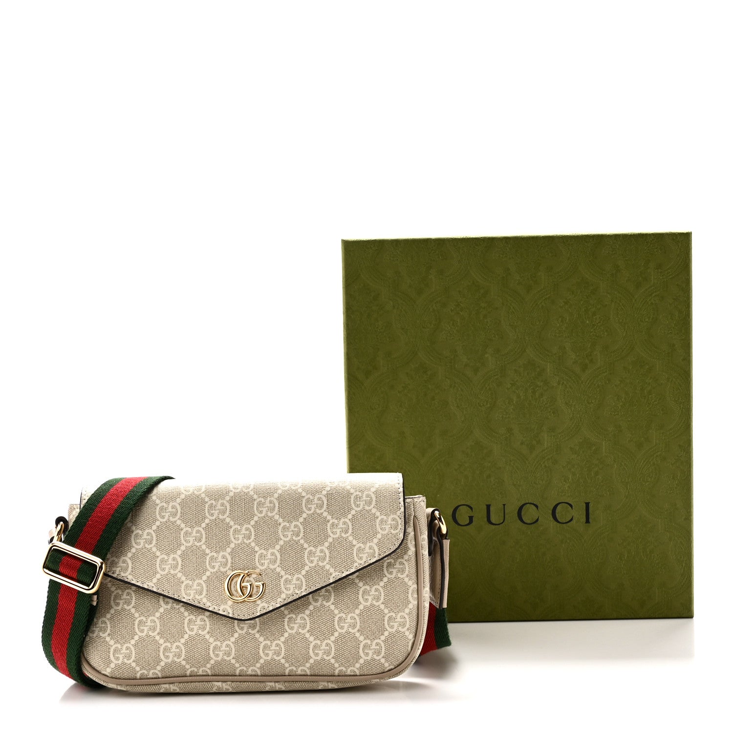 Gucci GG Supreme Monogram Textured Dollar Calfskin Web Mini Ophidia Envelope Shoulder Bag Beige Mystic White Oatmeal 11 of 11