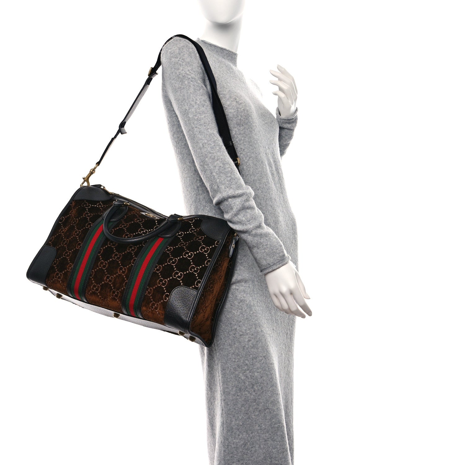 Gucci Velvet GG Monogram Textured Calfskin Web Medium Duffle Bag Brown Black 2 of 9