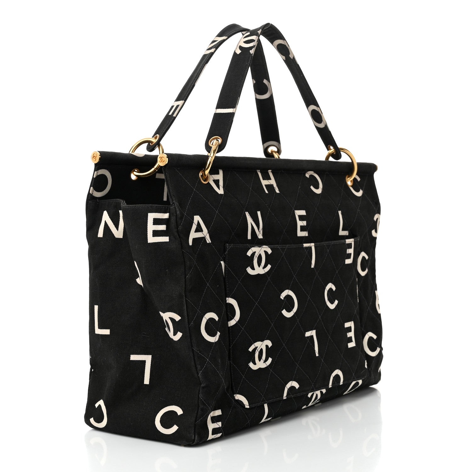 Chanel Canvas Printed Quilted Logo Tote Black White 3 of 11