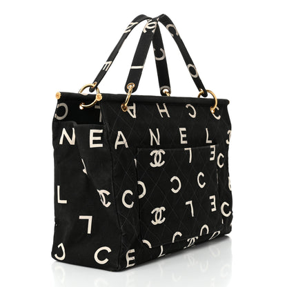 Chanel Canvas Printed Quilted Logo Tote Black White 3 of 11