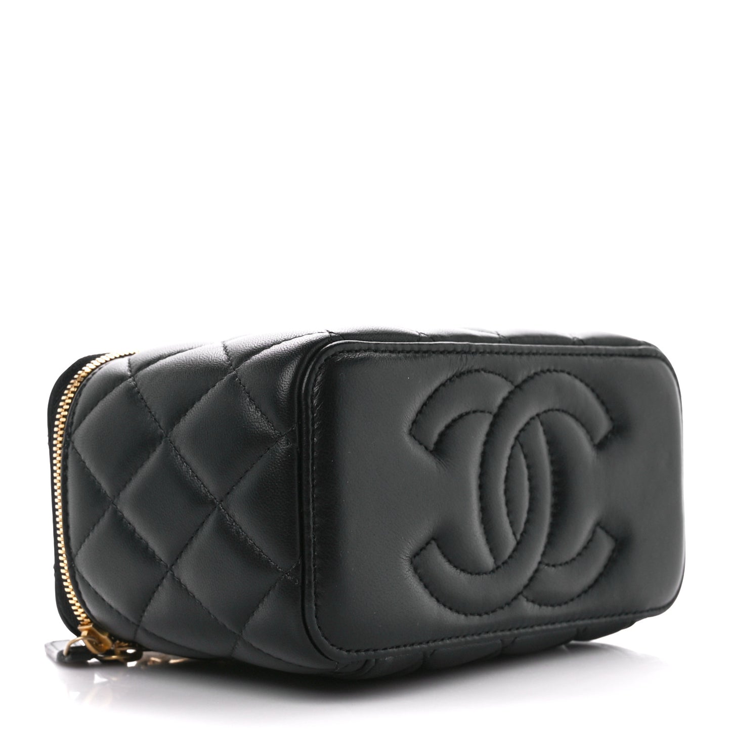 Lambskin Enamel Pearl Quilted Small Charm Me Vanity Case With Chain Black