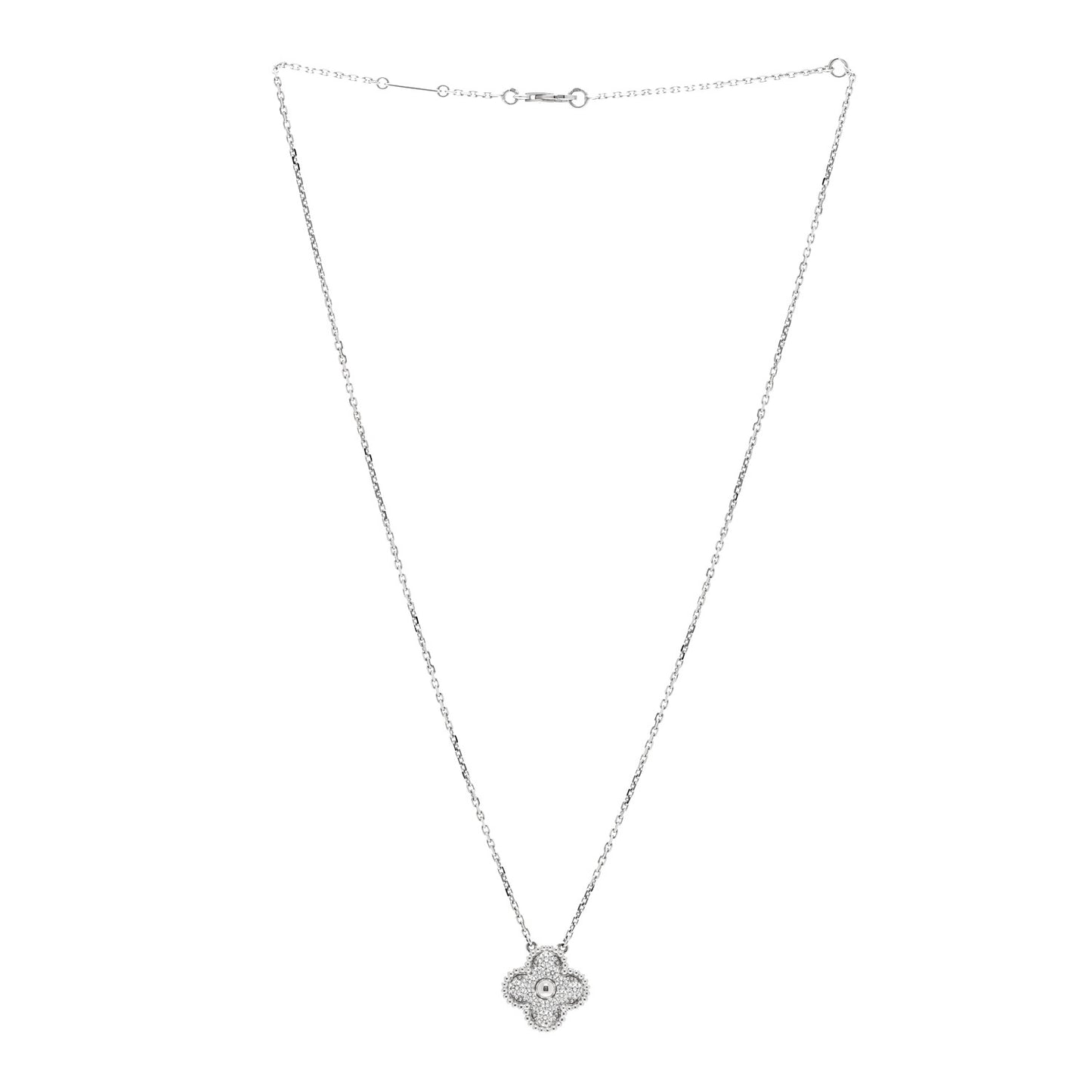 18K White Gold Diamond Vintage Alhambra Pendant Necklace