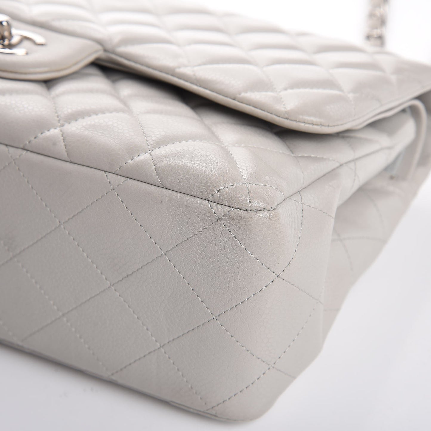 Caviar Quilted Jumbo Double Flap Light Grey