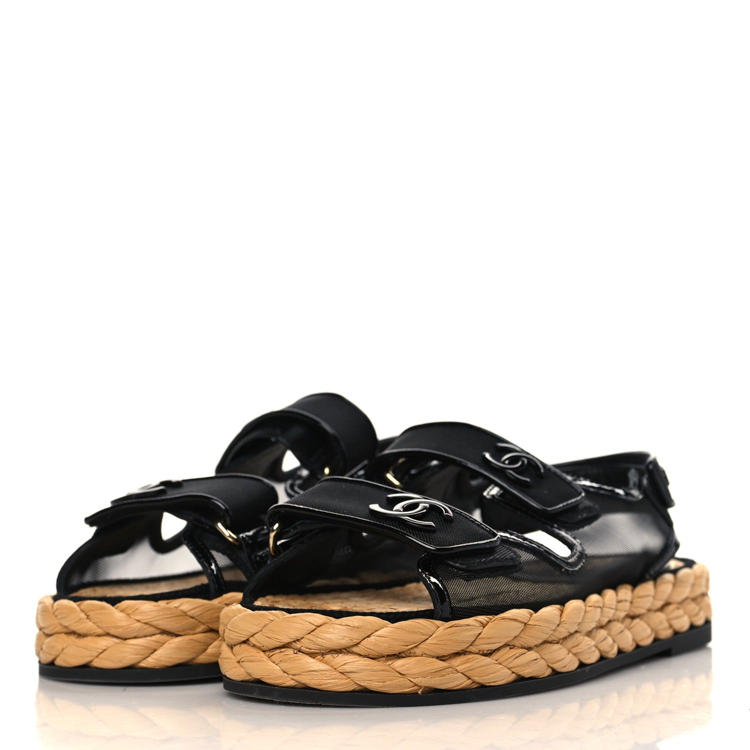 Chanel Mesh Patent Calfskin Velcro Dad Sandals 37 Black 3 of 9