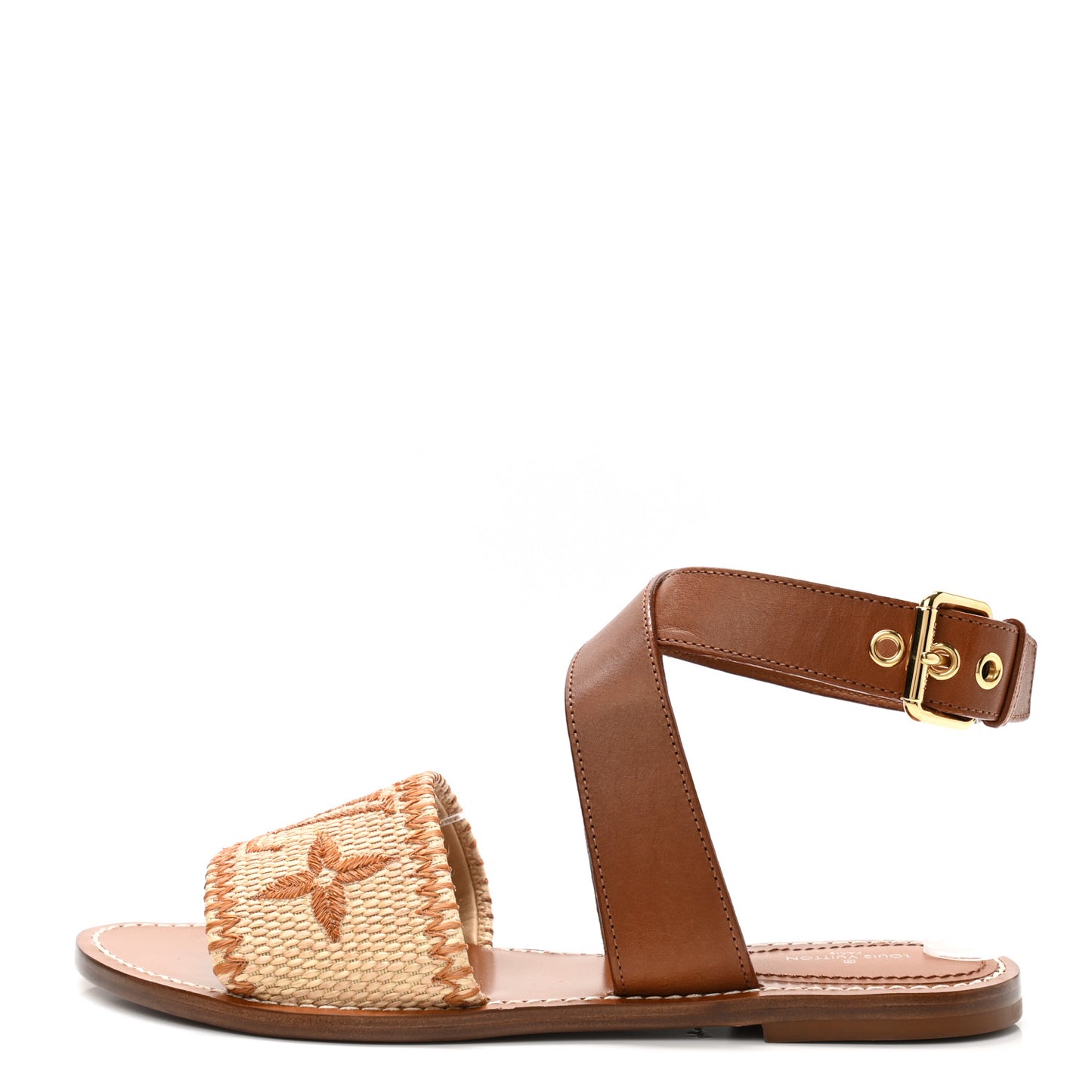 Raffia Calfskin Monogram Sienna Flat Sandals 38 Cognac