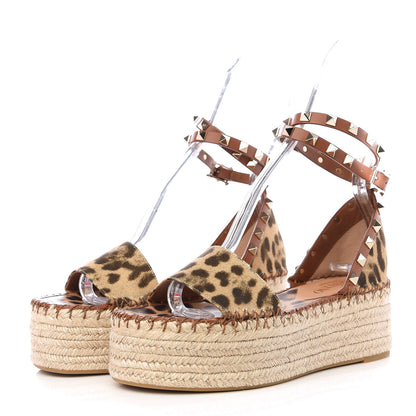 Valentino Garavani Canvas Leopard Print Rockstud Ankle Wrap Espadrille Flatform Sandals 36 Brown 2 of 11