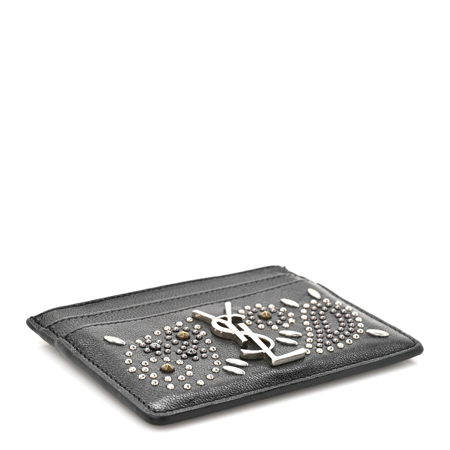 Calfskin Paisley Studded Monogram Credit Card Case Black
