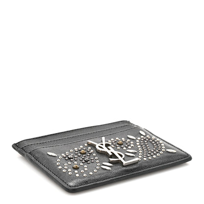 Saint Laurent Calfskin Paisley Studded Monogram Credit Card Case Black 4 of 7