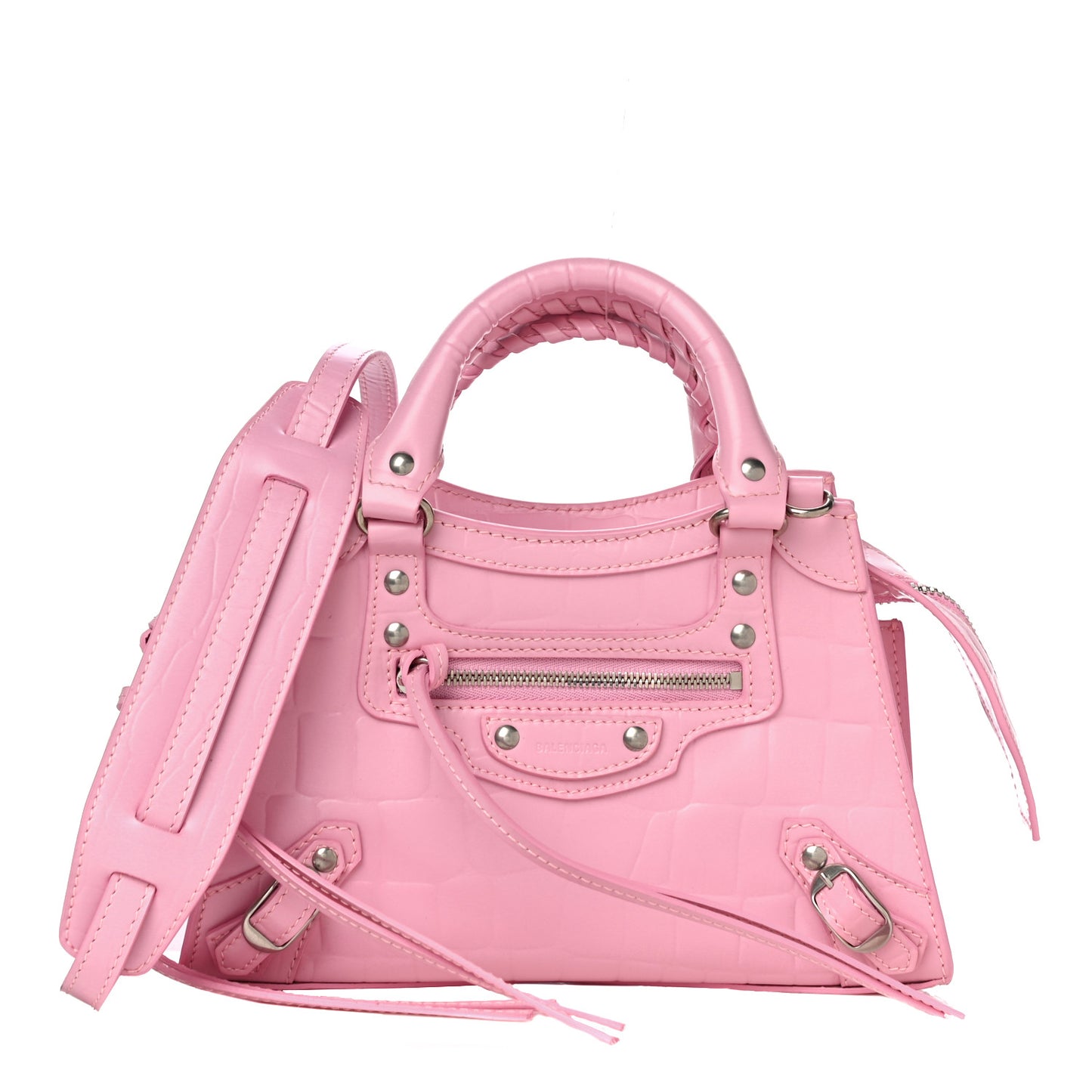 Semi Shiny Calfskin Crocodile Embossed Neo Classic Silver Hardware Mini City Pink