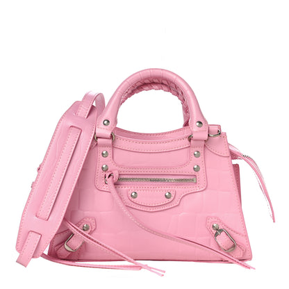 Balenciaga Semi Shiny Calfskin Crocodile Embossed Neo Classic Silver Hardware Mini City Pink 1 of 9