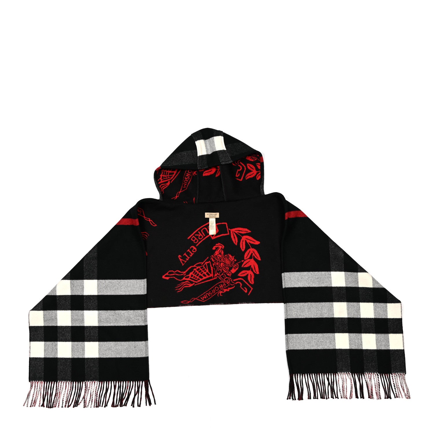 Burberry Cashmere Wool Check Helene Hooded Wrap Black White Red 1 of 3