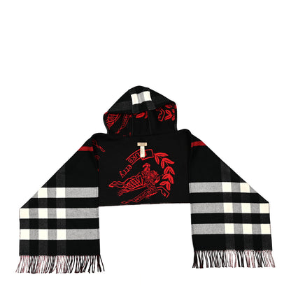 Burberry Cashmere Wool Check Helene Hooded Wrap Black White Red 1 of 3
