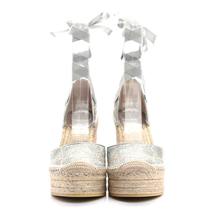 Gucci Lame GG Monogram Ankle Wrap Platform Espadrille Wedges 37 Silver Beige Light Grey 2 of 8