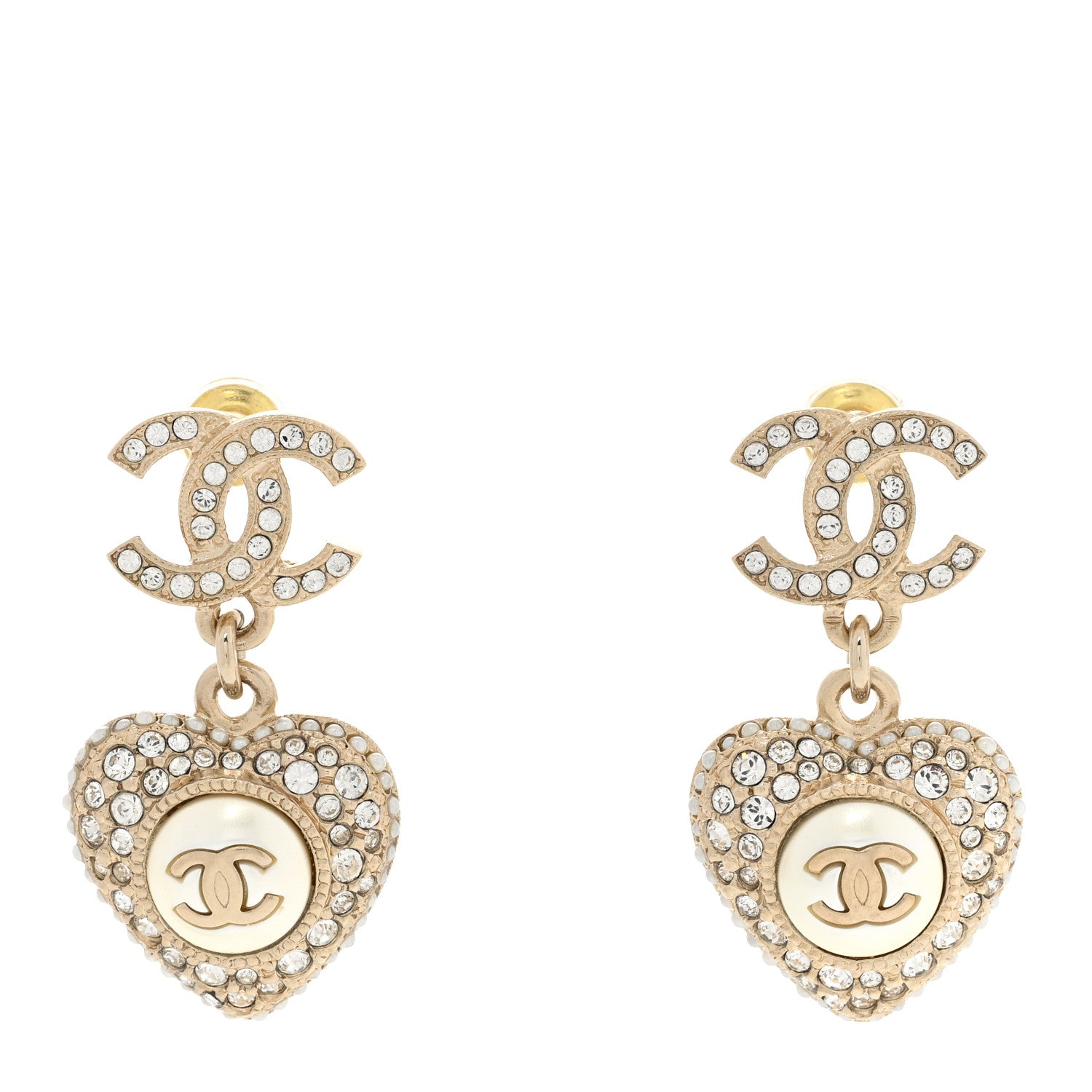 Chanel Pearl Crystal CC Heart Drop Earrings Gold White 1 of 5