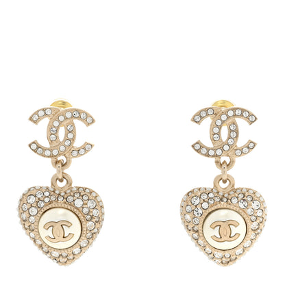 Chanel Pearl Crystal CC Heart Drop Earrings Gold White 1 of 5
