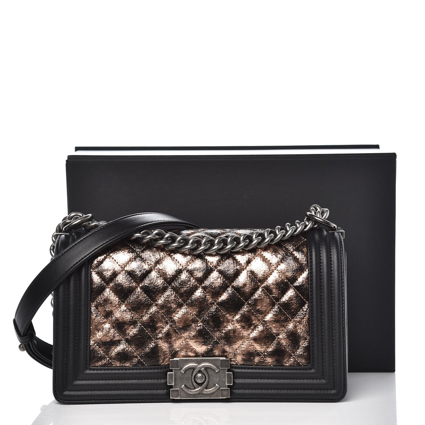 Cracked Metallic Calfskin Quilted Medium Boy Flap Black