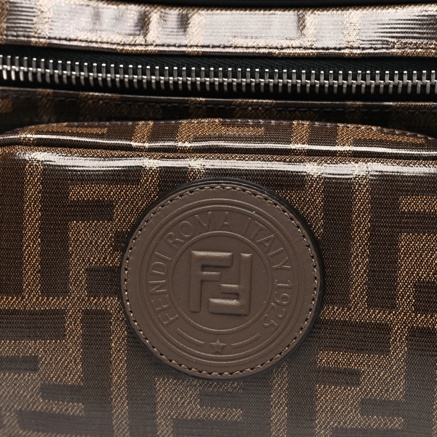 Glazed Fabric Vitello Century FF 1974 Stamp Patch Mens Pocket Belt Bag Mogano Panna Black