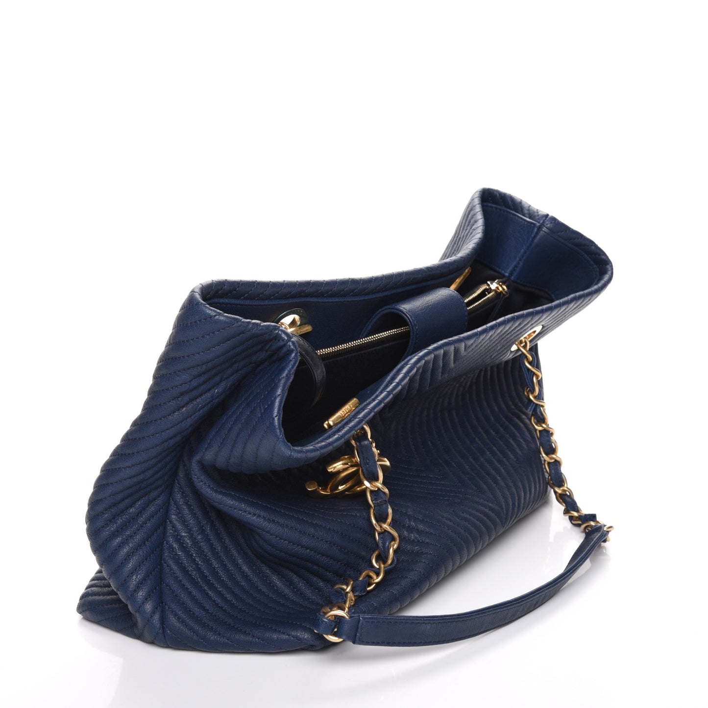 Wrinkled Lambskin Chevron Quilted Large Surpique Tote Navy Blue