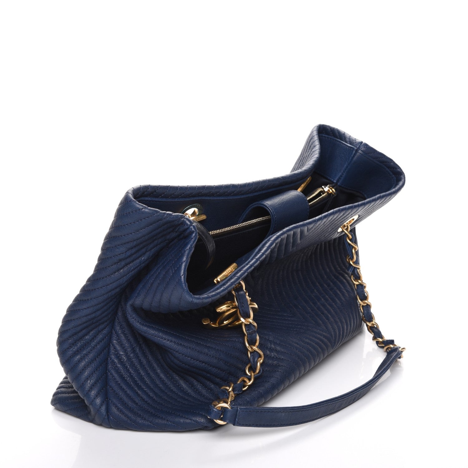 Chanel Wrinkled Lambskin Chevron Quilted Large Surpique Tote Navy Blue 5 of 8