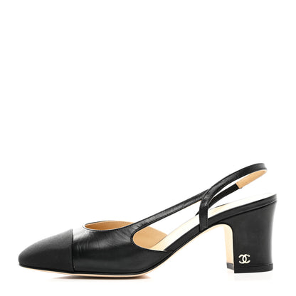 Chanel Goatskin Grosgrain Cap Toe CC Slingback Pumps 37.5 Black 1 of 9