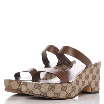 Gucci Monogram Calfskin Wedge Sandals 7 Brown 3 of 9