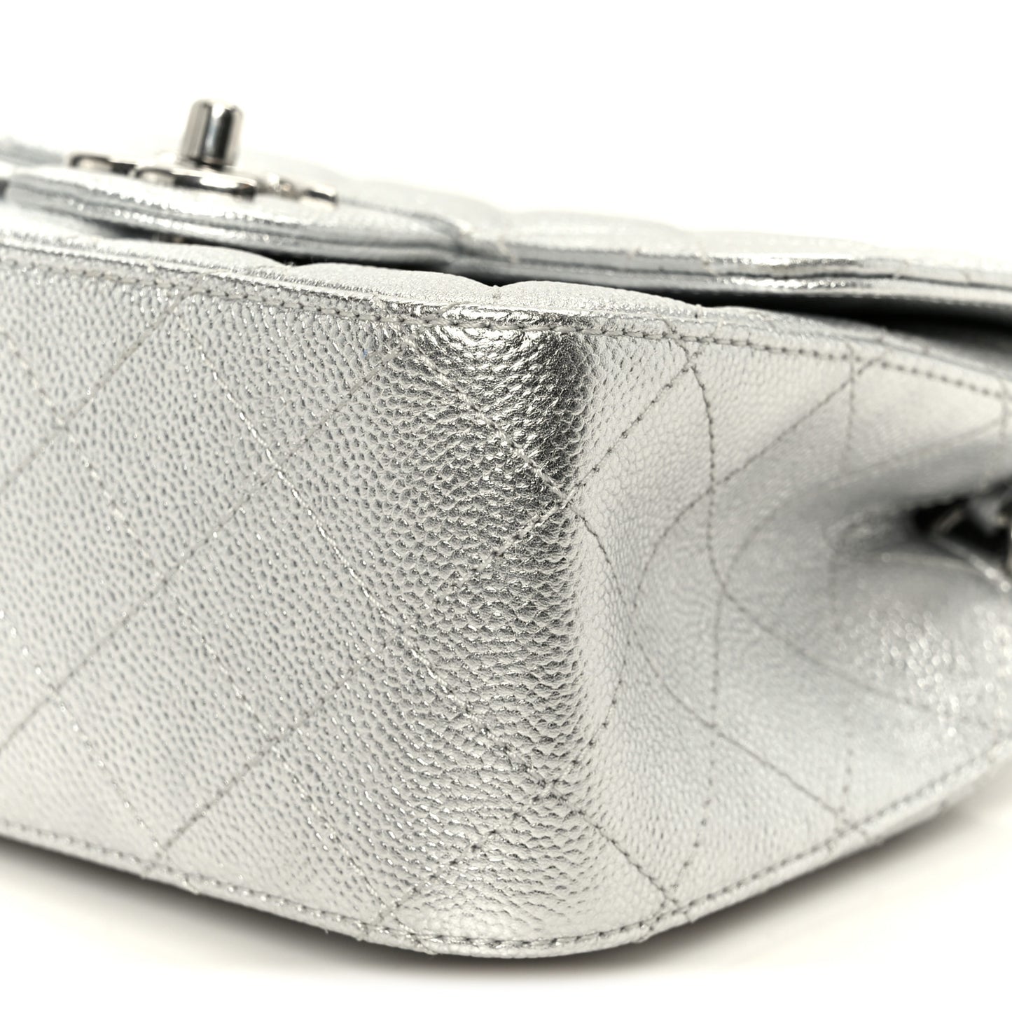 Metallic Caviar Quilted Mini Square CC Slide Flap Silver